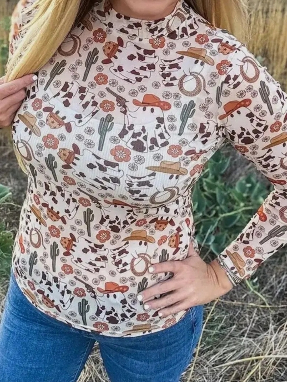 Hauntin On The Ranch Sheer Western Print Cream Long Sleeve Tee